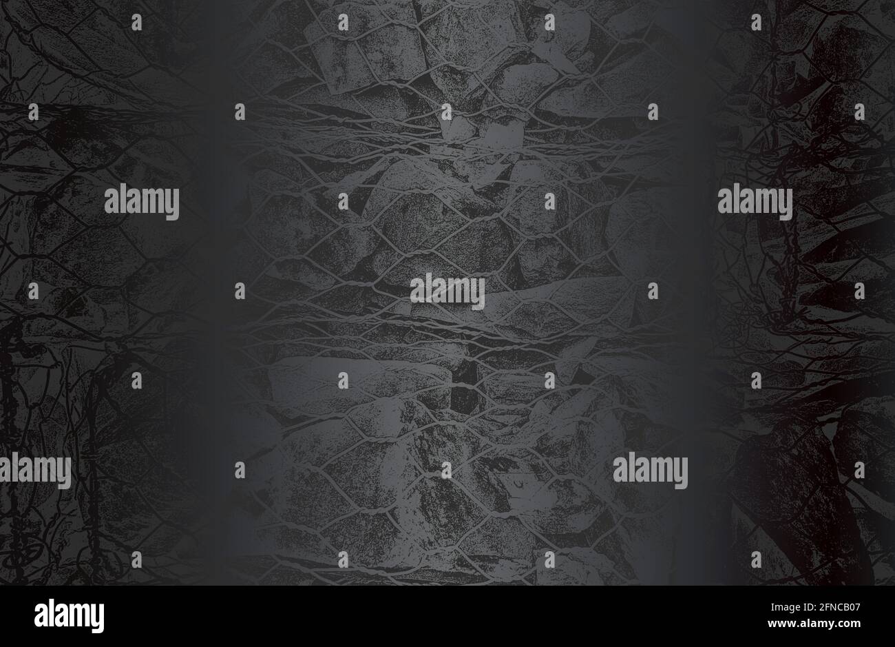 Lussuoso sfondo in metallo nero con pietre in difficoltà all'interno della rete metallica, rocce, ciottoli, texture macadam. Illustrazione vettoriale Illustrazione Vettoriale