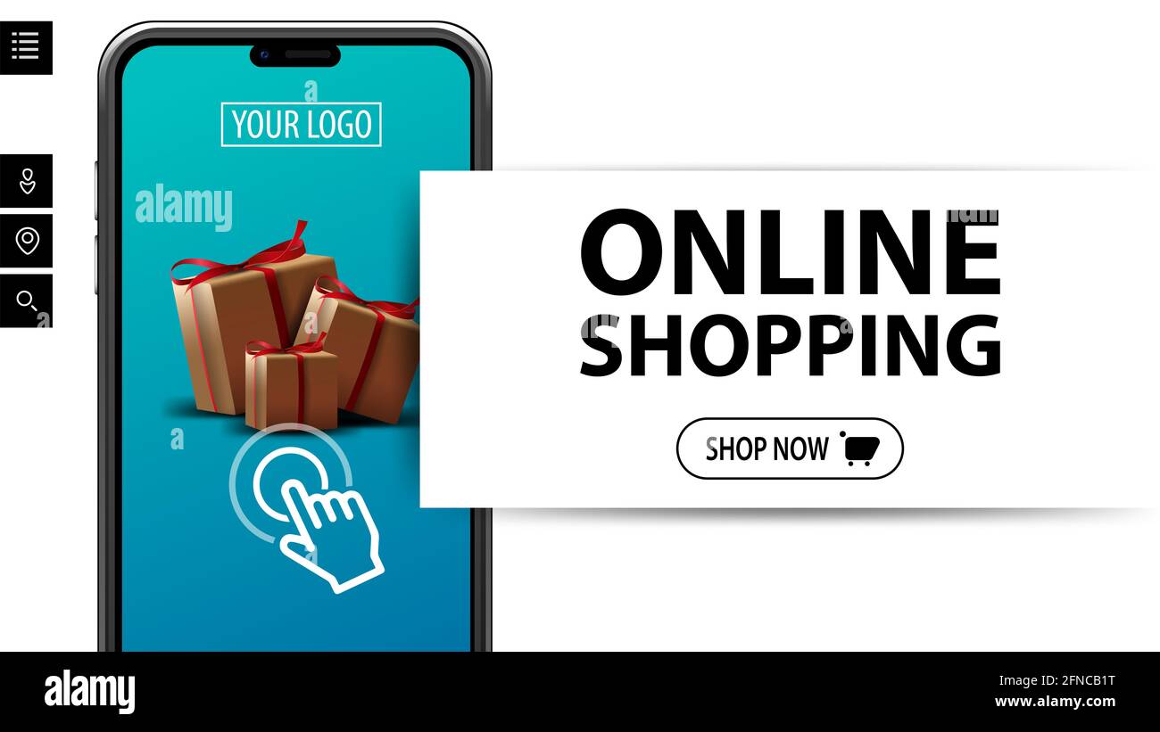 Shopping online, moderno banner minimalista bianco per siti Web con grande  titolo, pulsante e grande volume smartphone con caselle regalo sullo  schermo Foto stock - Alamy