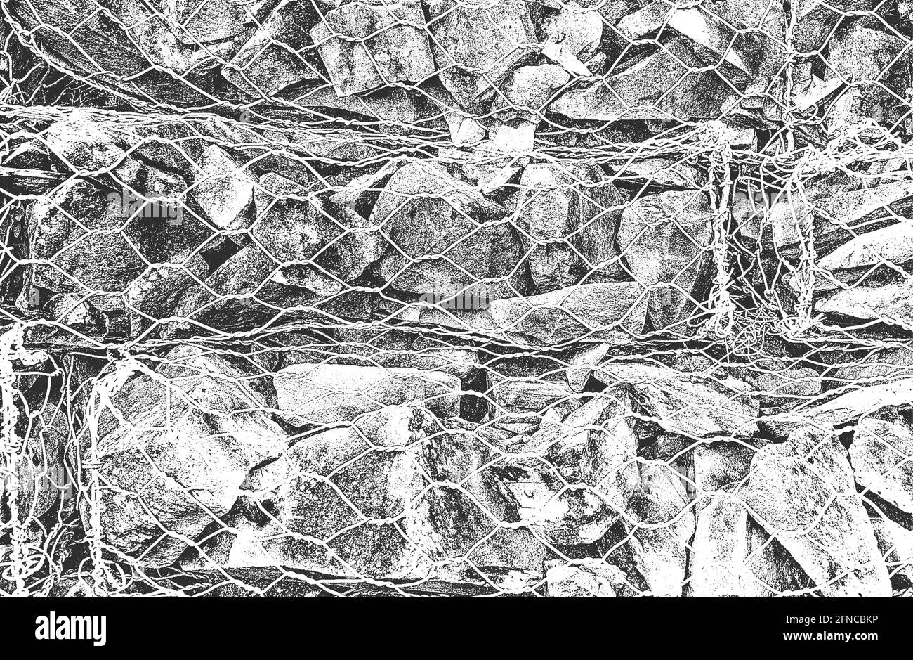 Stressata trama di pietre, rocce, ciottoli, macadam all'interno della maglia metallica, rete. Sfondo grunge. Illustrazione vettoriale astratta mezzitoni Illustrazione Vettoriale