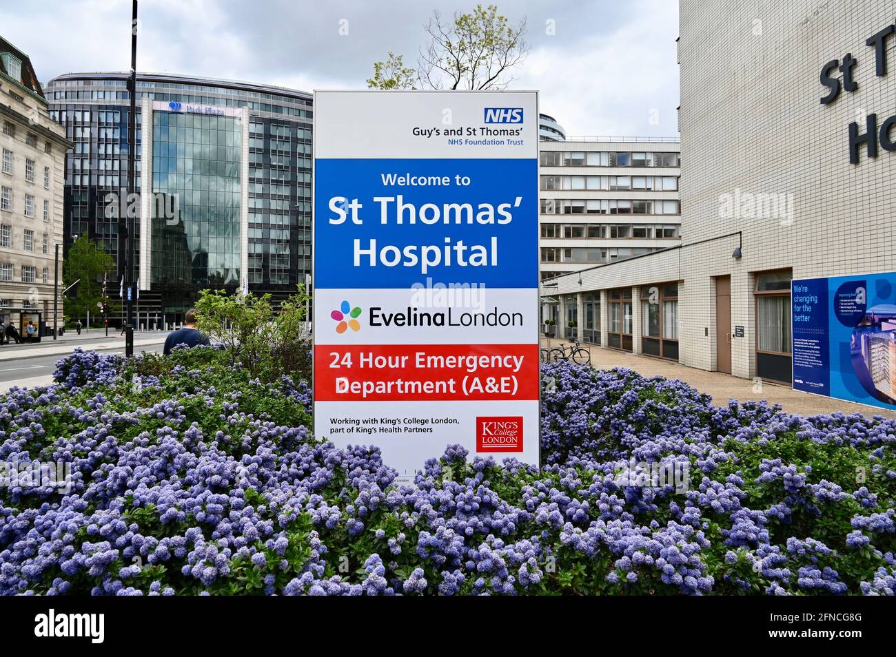 St Thomas' Hospital Sign, St Thomas' Hospital, Westminster, Londra. REGNO UNITO Foto Stock