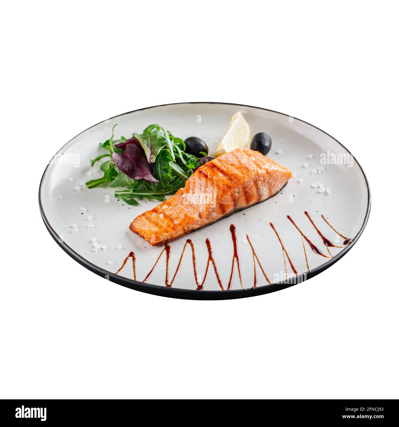 Piatto isolato di filetto di salmone alla griglia Foto Stock