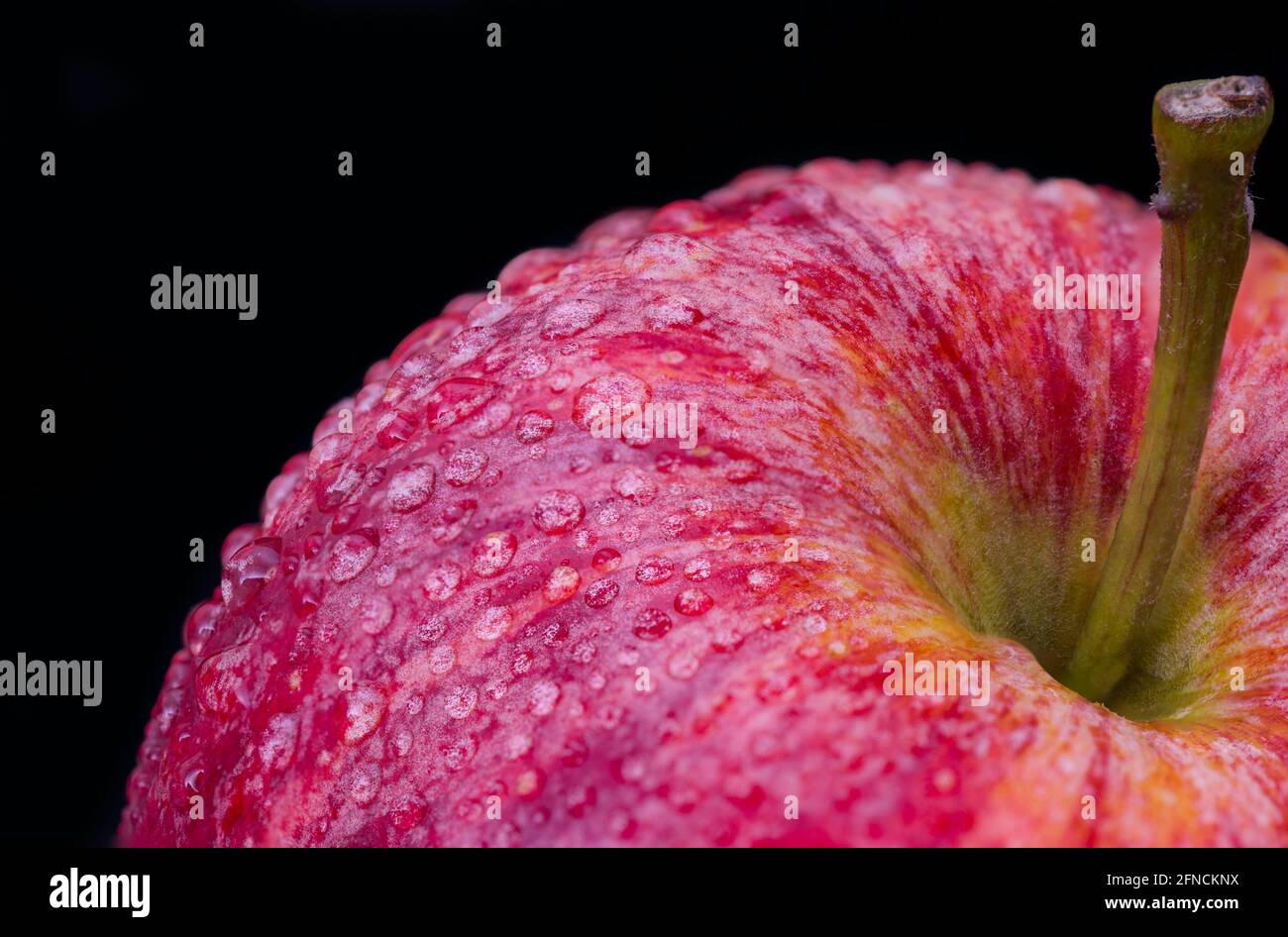 Macrofotografia della mela rossa coperta da gocce d'acqua. Foto Stock