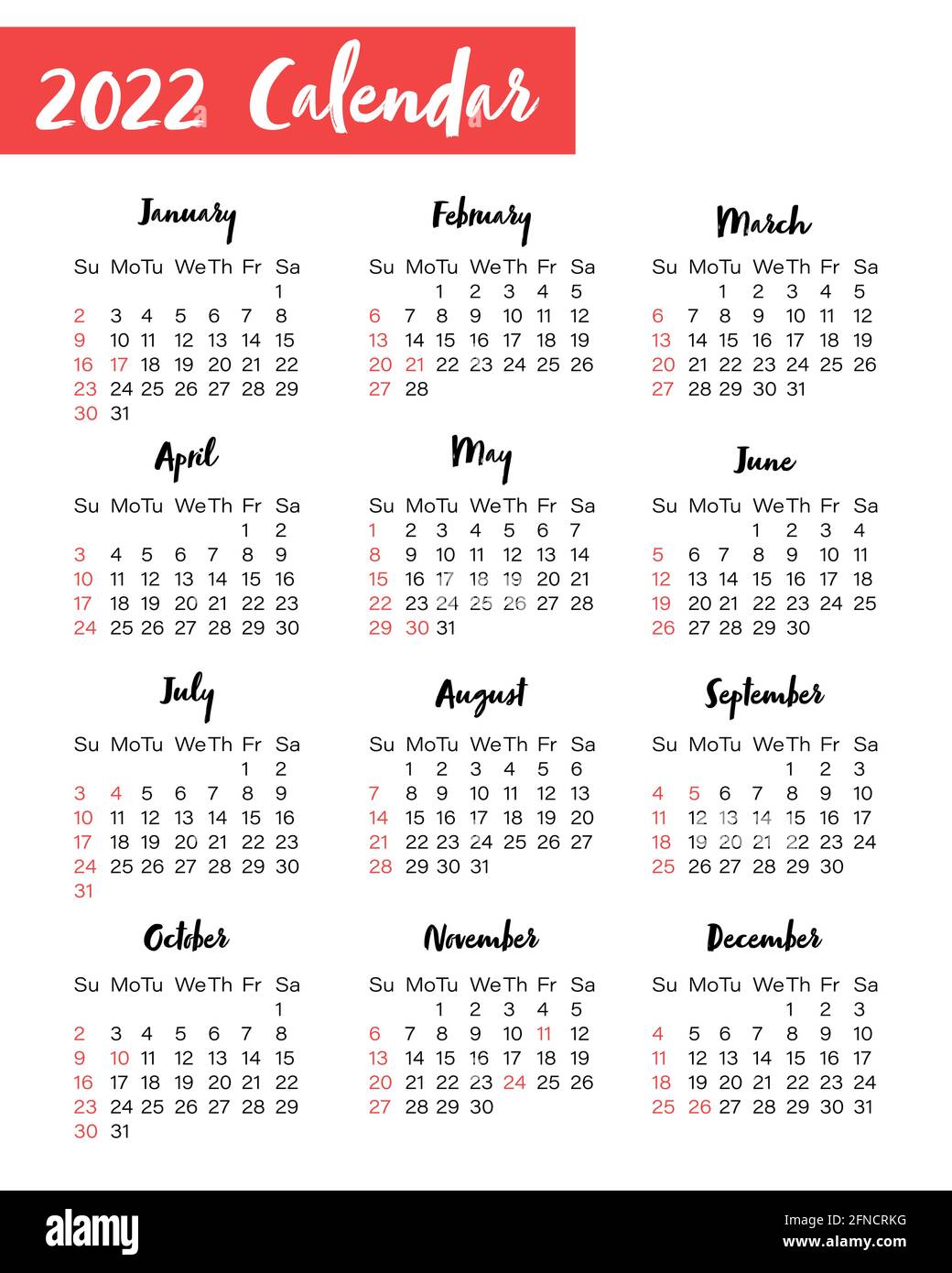 Calendario verticale per l'anno 2022, isolato su sfondo bianco. Griglia del Calendario degli Stati Uniti in inglese. Modello vettore Illustrazione Vettoriale