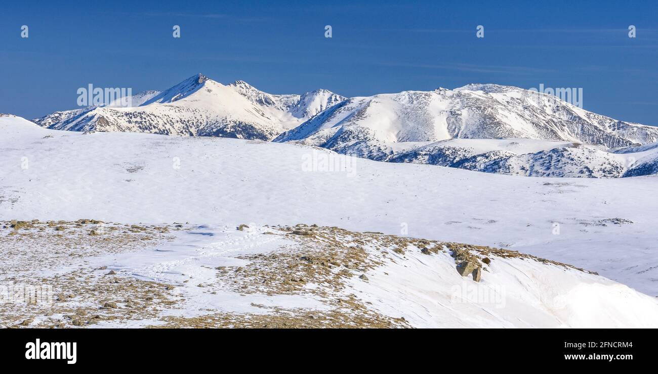 Canigou Massif, visto da Pla de Coma Ermada (tra la Francia e la Catalogna, Pirenei Orientali, Spagna) ESP: Macizo del Canigó, viso desde Vallter Foto Stock