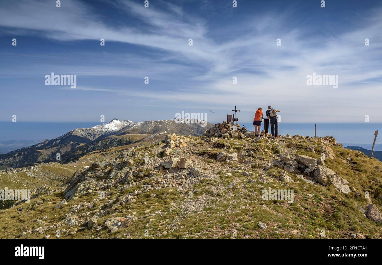 Costabona vista sulla vetta in autunno, guardando al massiccio del Canigou, nei Pirenei orientali (Pirenei Orientali, Occitanie, Francia) Foto Stock