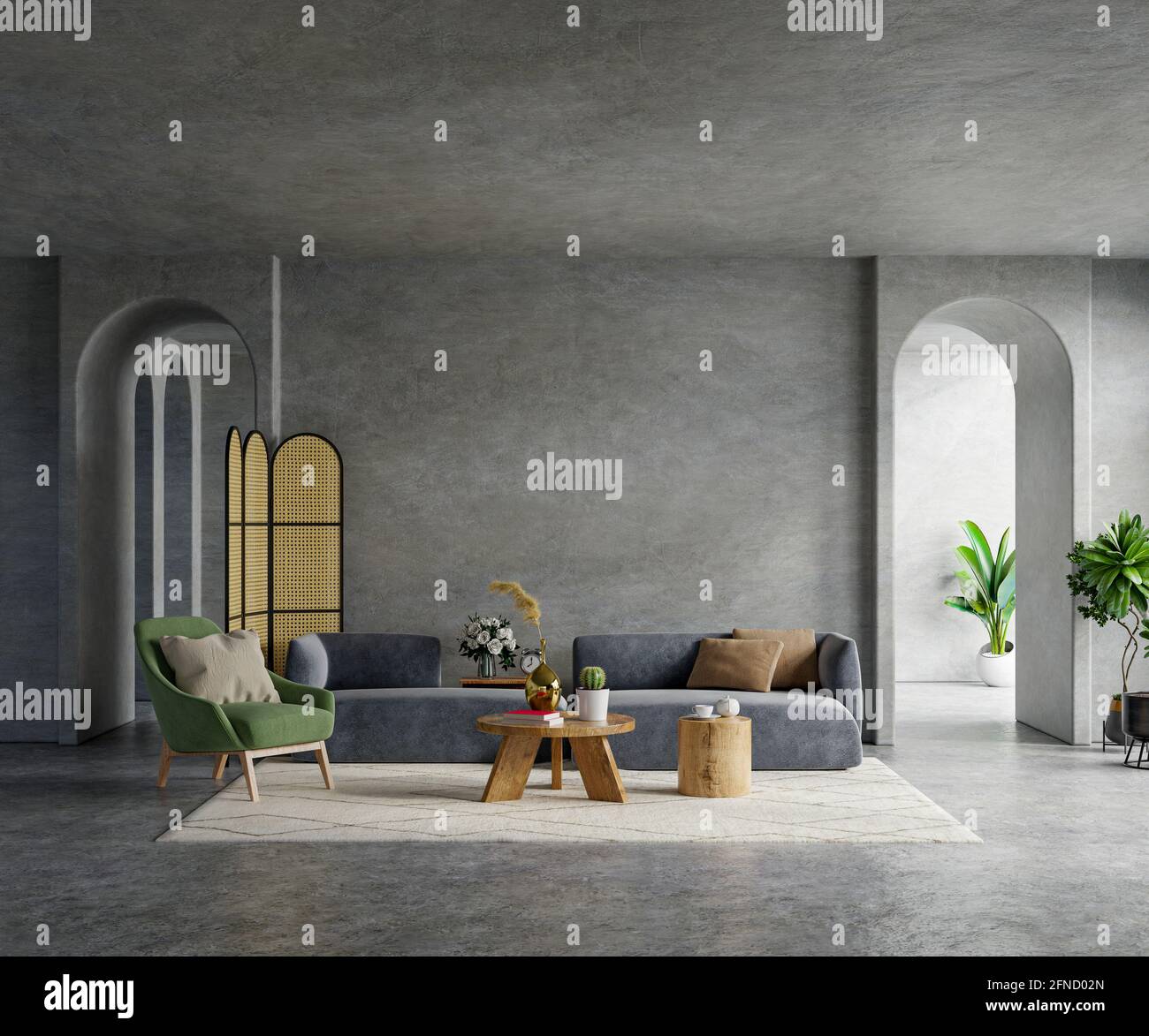 Soggiorno loft in stile industriale con divano scuro e. poltroncina verde su parete vuota in cemento, rendering 3d Foto Stock