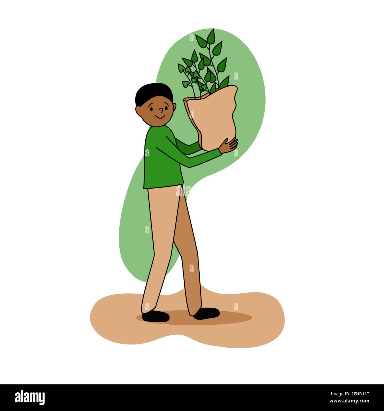 Eco friendly concetto, un uomo dalla pelle scura cammina e porta un pacchetto con le giovani piante in mano, persone felici si prendono cura della natura eco, verde pace Illustrazione Vettoriale