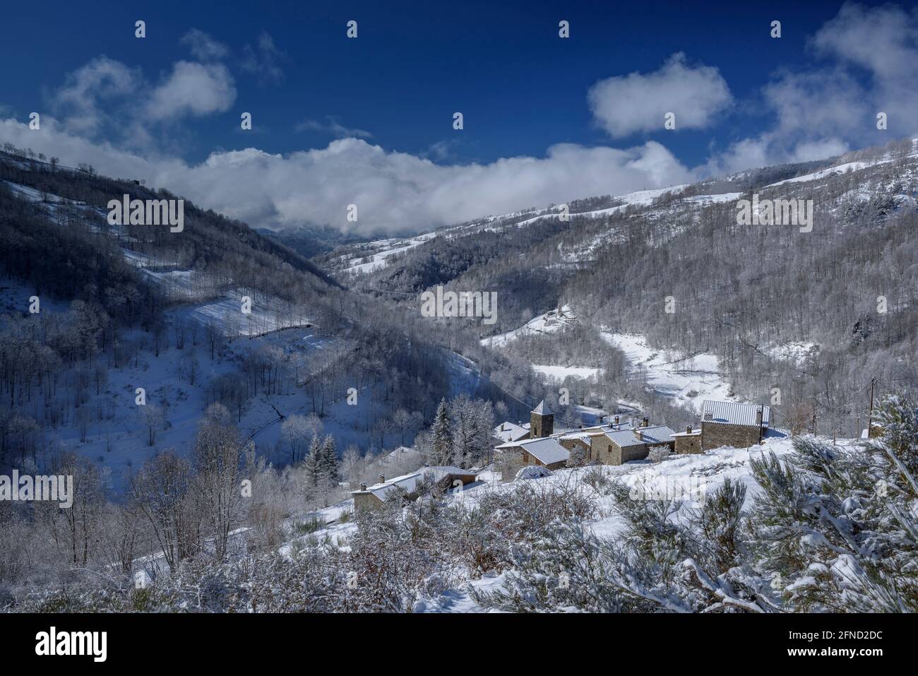 Villaggio innevato e valle di Espinavell in inverno (Ripollès, Catalogna, Spagna, Pirenei) ESP: Pueblo y valle de Espinavell nevado en invierno, Cataluña Foto Stock