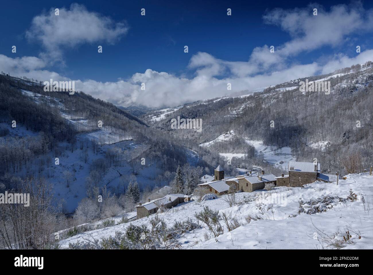 Villaggio innevato e valle di Espinavell in inverno (Ripollès, Catalogna, Spagna, Pirenei) ESP: Pueblo y valle de Espinavell nevado en invierno, Cataluña Foto Stock