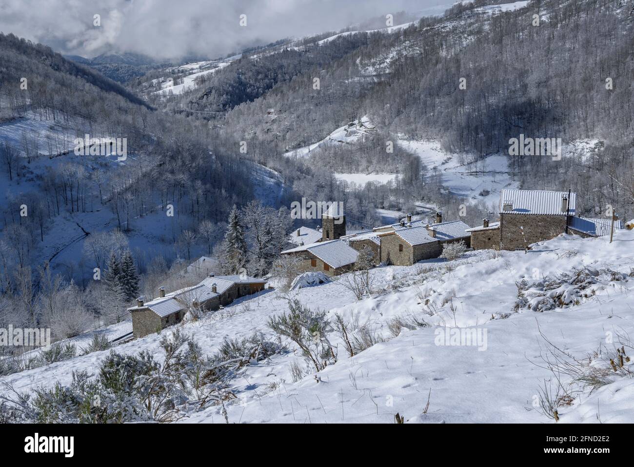 Villaggio innevato e valle di Espinavell in inverno (Ripollès, Catalogna, Spagna, Pirenei) ESP: Pueblo y valle de Espinavell nevado en invierno, Cataluña Foto Stock