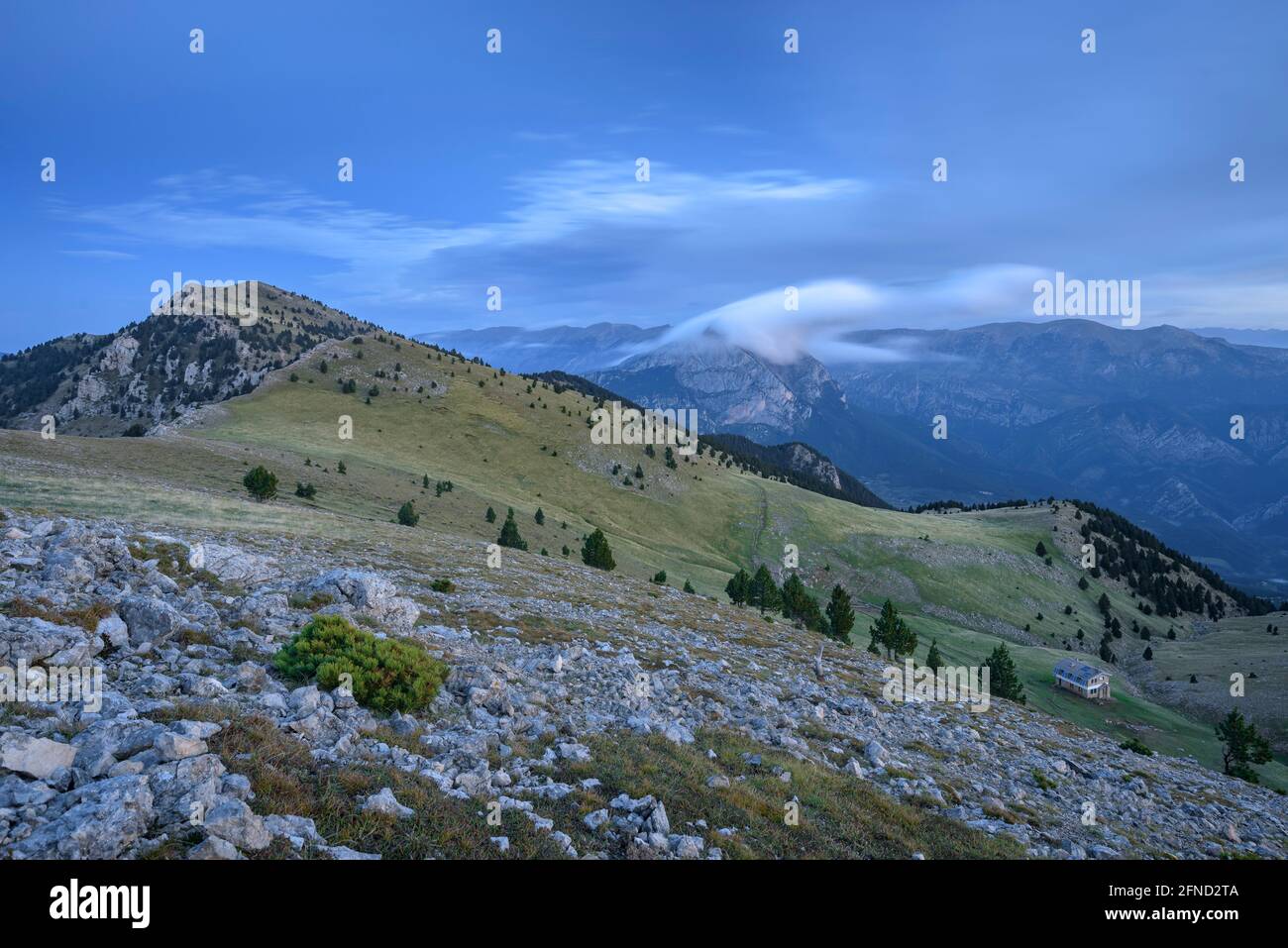 Alba sulla montagna Serra de Ensija, con il massiccio della Pedraforca sullo sfondo (Berguedà, Catalogna, Spagna, Pirenei) Foto Stock