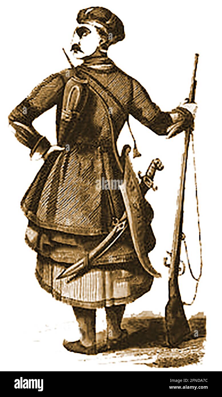 Un'incisione precoce che mostra l'abbigliamento tipico di un russo soldato ordinario del 1700 nella battaglia invernale in stile cossack abito Foto Stock