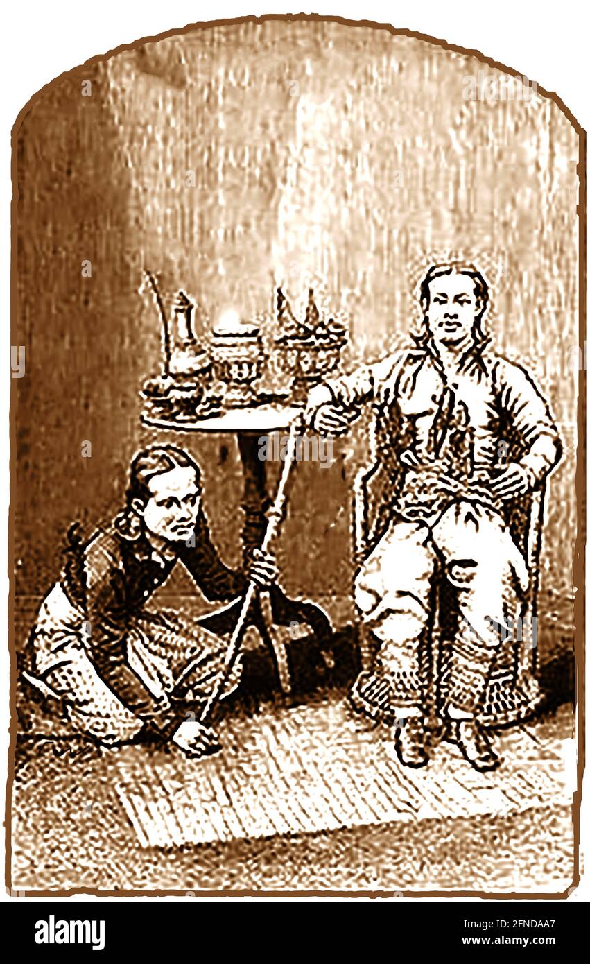 Una vecchia illustrazione stampata che mostra un principe cinese Cochin e il suo assistente. Cochin era un tempo il nome originale per la parte meridionale di ciò che è ora Vietnam. Fu allora parte dell'Indo-Cina francese dal 1862 ma nel 1946 divenne un territorio francese d'oltremare, che si fuse ufficialmente con il Vietnam nel 1949 Foto Stock