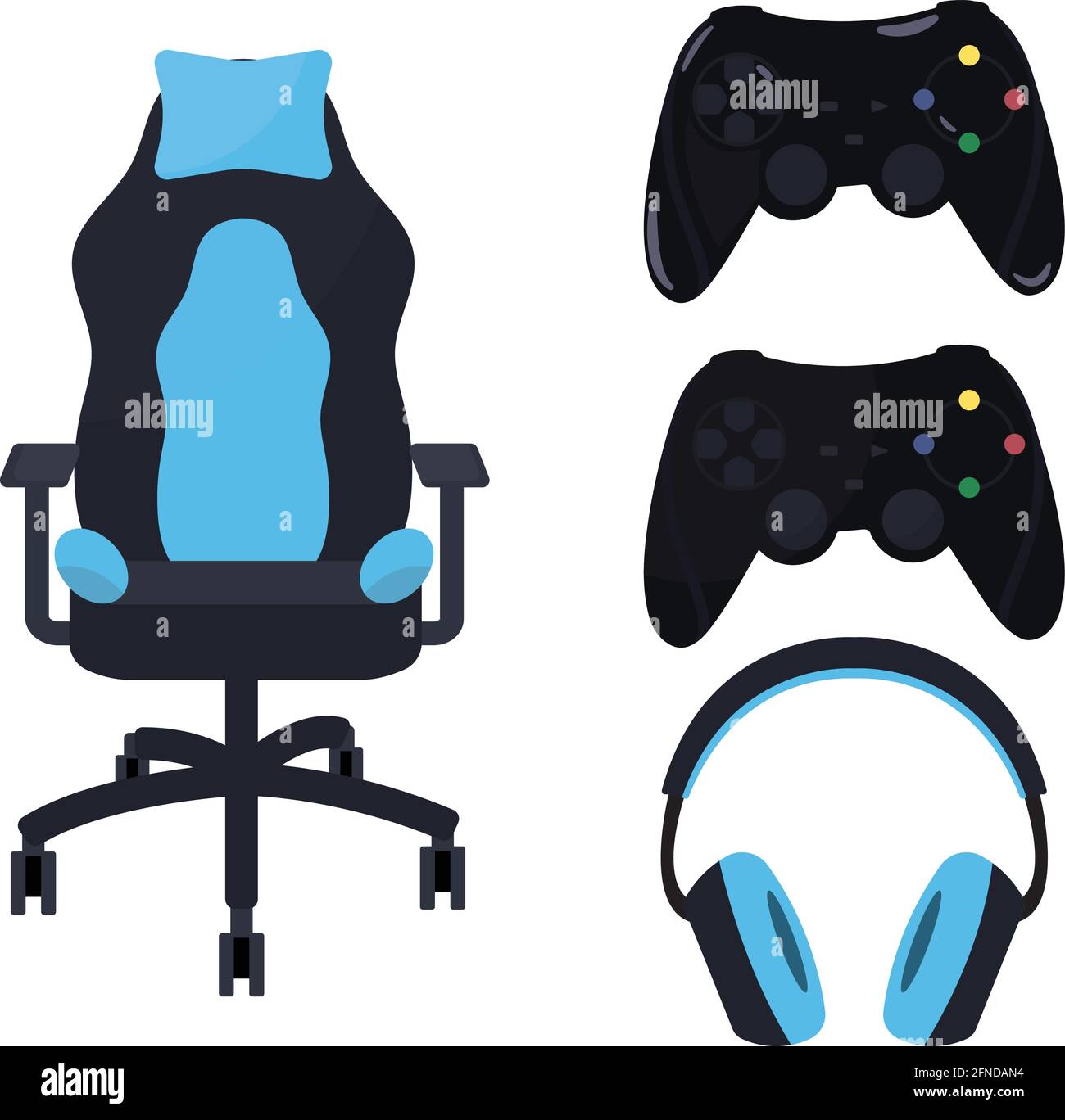 Set di attrezzature per giochi: Controller (joystick), cuffie (cuffie) e sedia da gioco. Disegnato in blu e nero, stile minimalista. Illustrazione Vettoriale
