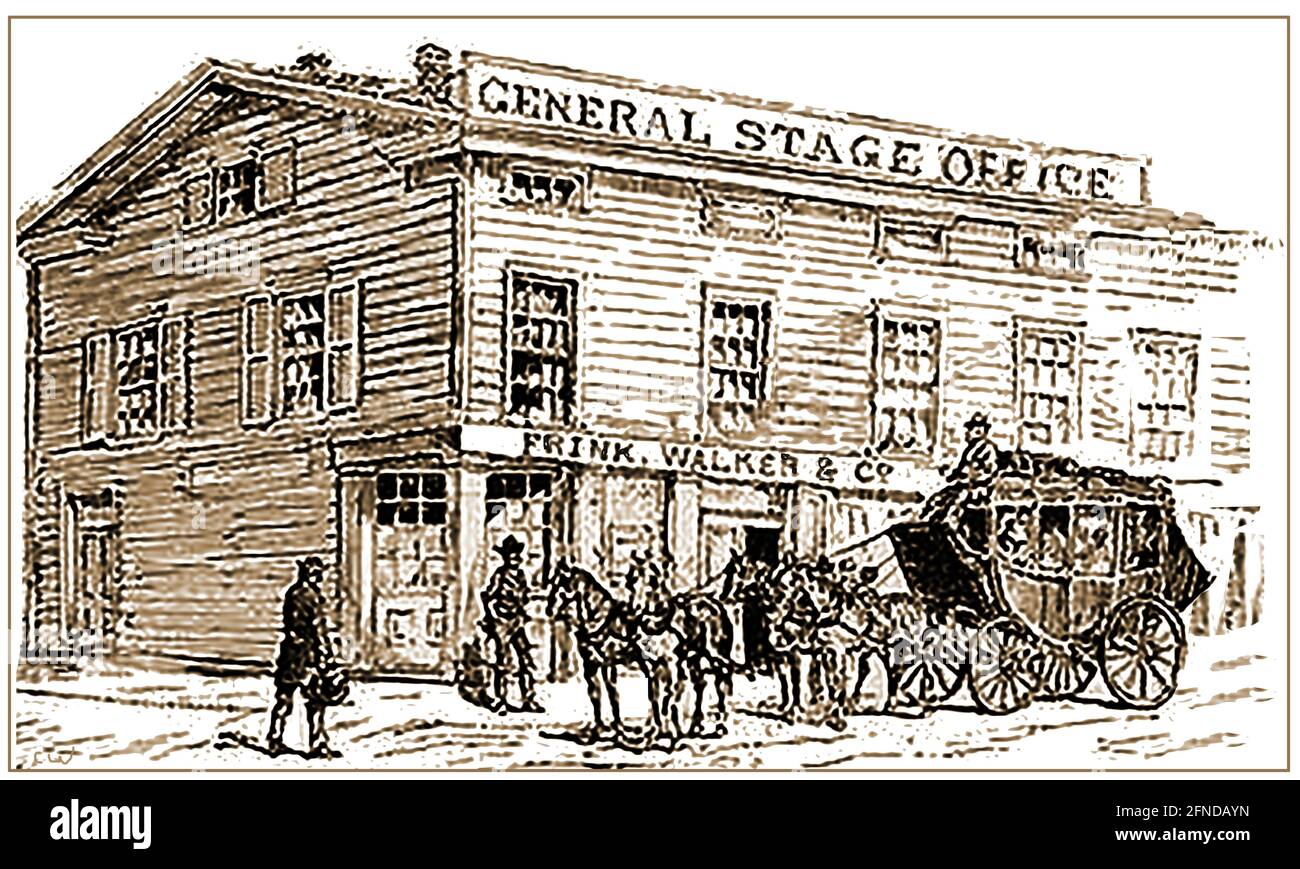 Chicago, Stati Uniti nei primi anni del 1800 - Fink, Walker & Co. General Stage Office era il centro di trasporto della città in crescita. Fondata da John Frink nel 1832 come prima tappa di successo fuori Chicago con il partner Charles K. Bingham, seguendo la linea di confine indiana. Frink ha Unito le forze con Martin O. Walker e Curan Walker suo fratello che era un socio silenzioso) il 1 giugno 1840. Foto Stock