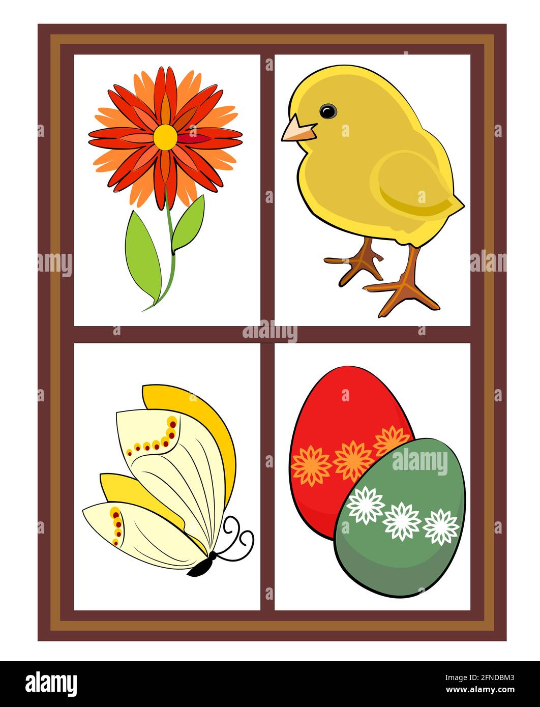 Illustrazione di Pasqua - finestra di primavera con pollo, fiore, farfalla e uova colorate Illustrazione Vettoriale