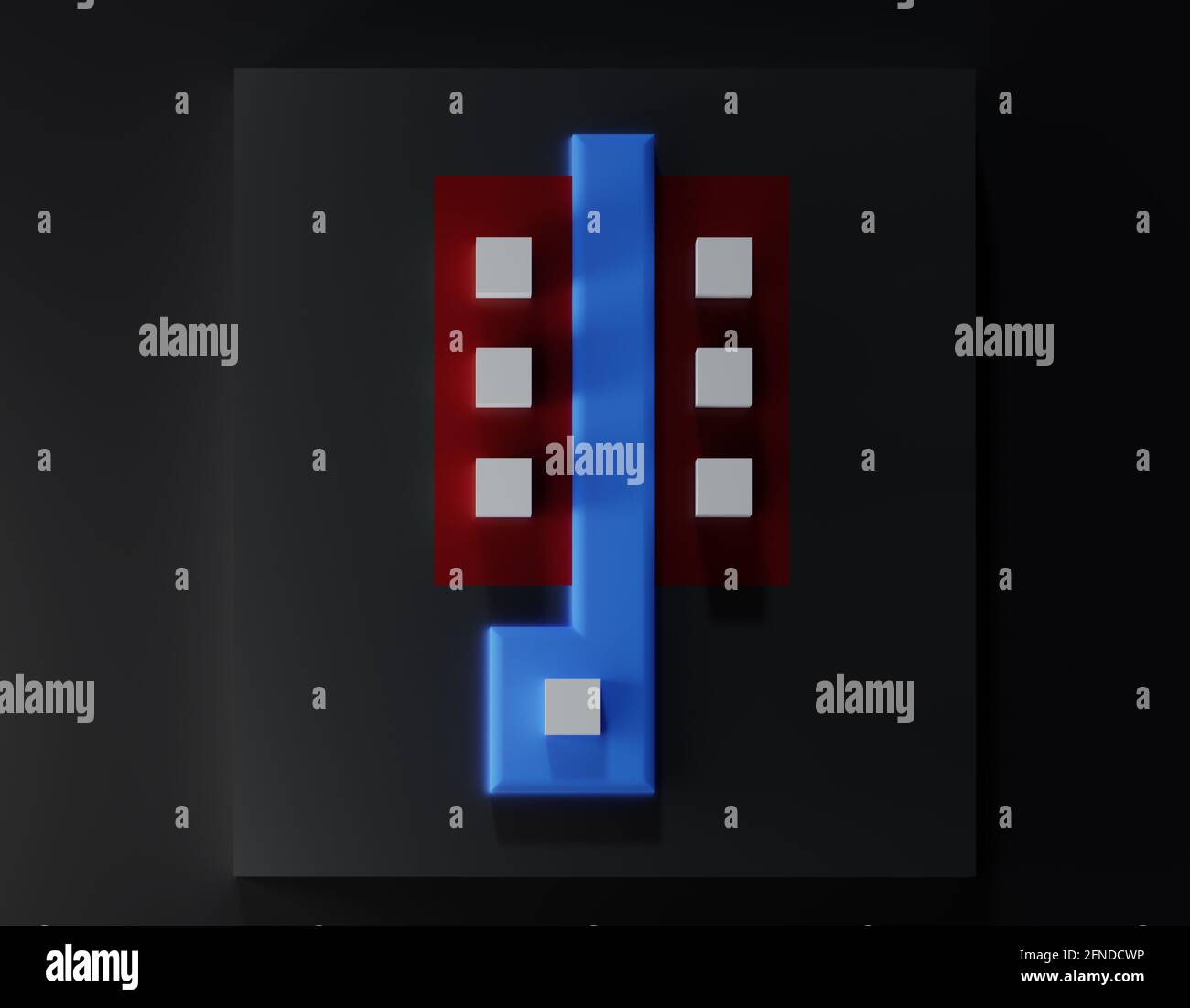 Struttura a transistor CMOS. Transistor a effetto di campo metallo-ossido-semiconduttore di tipo n simulato. Blocco base di un microchip. Rendering 3D. Foto Stock