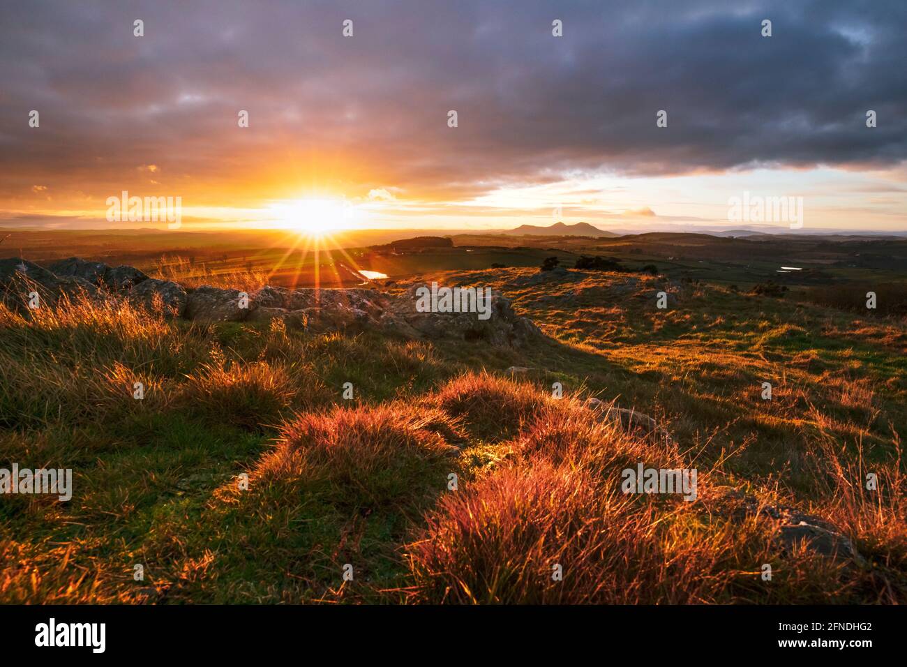 Il paesaggio della torre di Smailholm con gli Eildons al tramonto Foto Stock