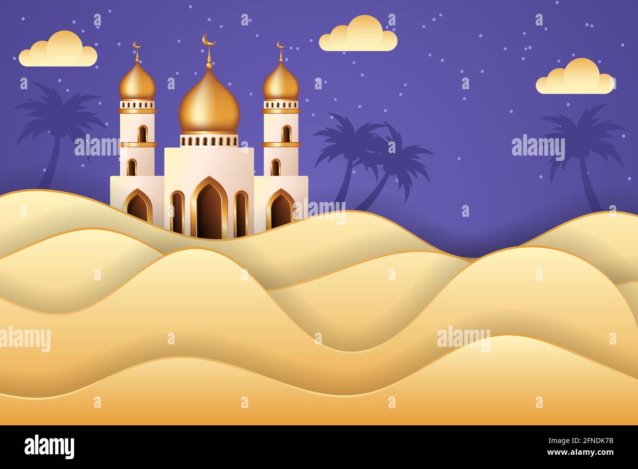 EID mubarak sfondo in stile taglio di carta con una moschea nel mezzo del deserto. Sfondo islamico adatto per Ramadan, Eid al Adha, Eid al Fitr. Illustrazione Vettoriale