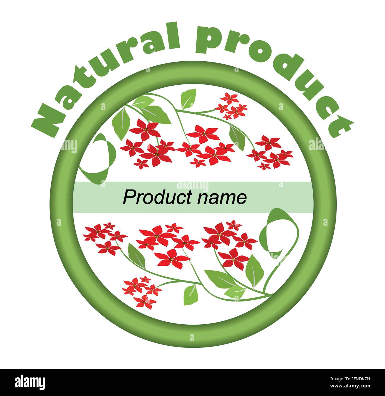 Etichetta per prodotto naturale con fiori rossi in verde cerchio con una posizione per il nome del prodotto Illustrazione Vettoriale