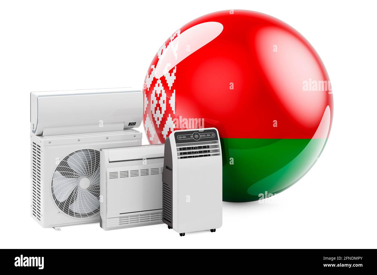 Bandiera bielorussa con dispositivi elettrici per il raffreddamento e il clima. Produzione, commercio e servizio di condizionatori d'aria in Bielorussia, rendering 3D isolato su Foto Stock