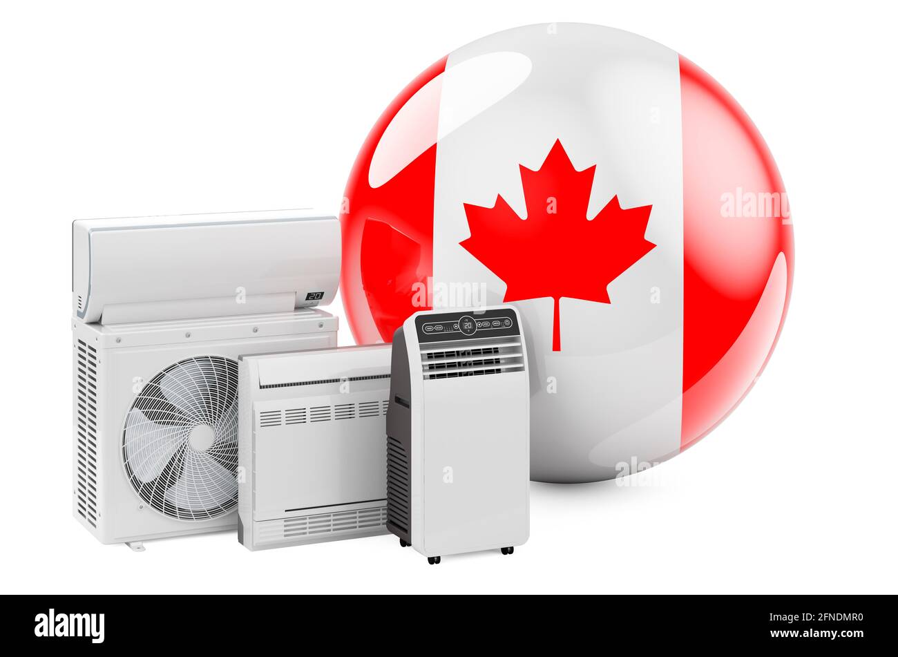 Bandiera canadese con dispositivi elettrici di raffreddamento e climatizzazione. Produzione, commercio e servizio di condizionatori d'aria in Canada, rendering 3D isolato su wh Foto Stock