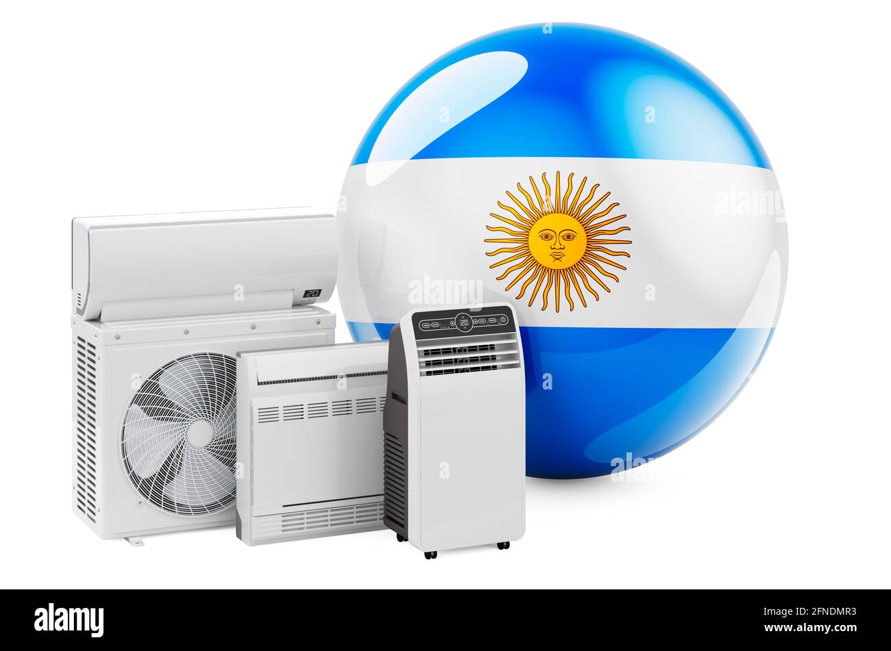 Bandiera argentina con dispositivi elettrici per il raffreddamento e il clima. Produzione, commercio e servizio di condizionatori d'aria in Argentina, rendering 3D isolato Foto Stock