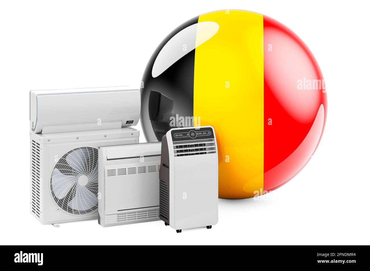 Bandiera belga con dispositivi elettrici di raffreddamento e climatizzazione. Produzione, commercio e servizio di condizionatori d'aria in Belgio, rendering 3D isolato su wh Foto Stock