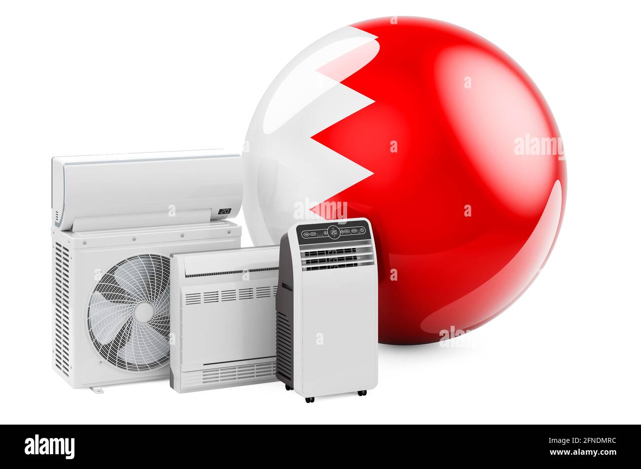 Bandiera Bahraini con dispositivi elettrici per il raffreddamento e il clima. Produzione, commercio e servizio di condizionatori d'aria in Bahrain, rendering 3D isolato su w Foto Stock