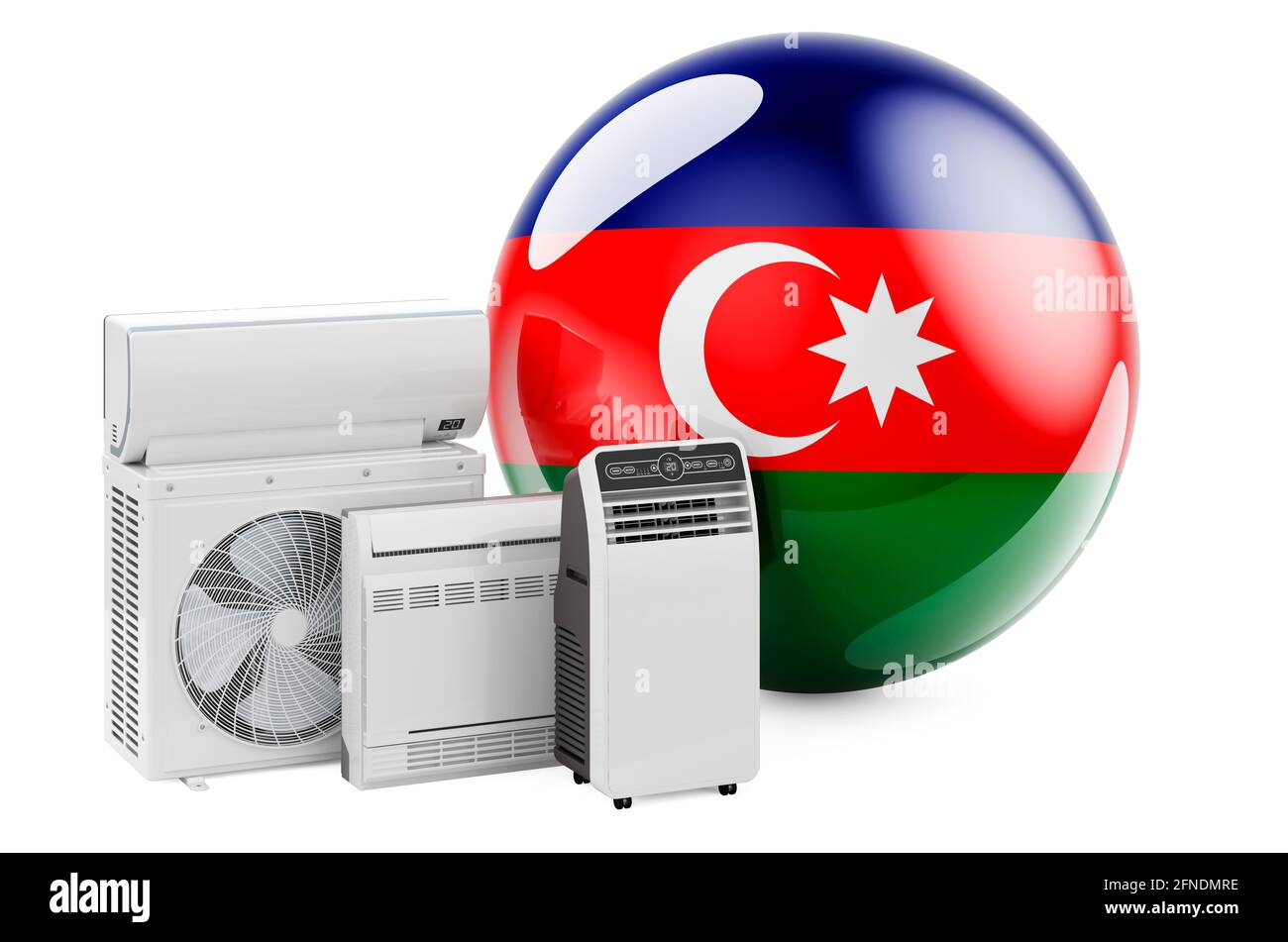 Bandiera azerbaigiana con dispositivi elettrici di raffreddamento e di clima. Produzione, commercio e servizio di condizionatori d'aria in Azerbaigian, isolamento di rendering 3D Foto Stock