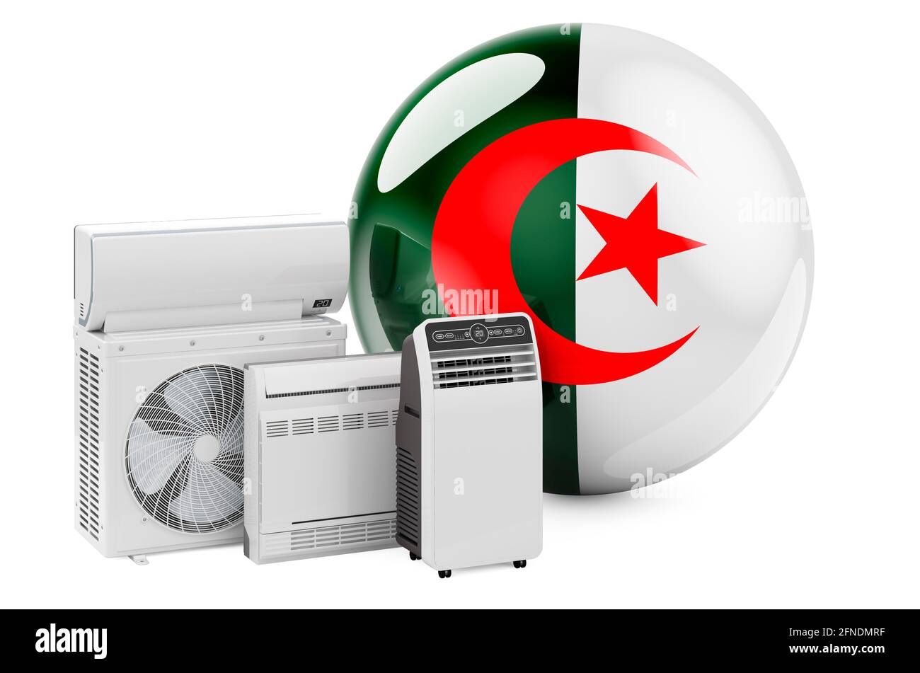 Bandiera algerina con dispositivi elettrici per il raffreddamento e il clima. Produzione, commercio e servizio di condizionatori d'aria in Algeria, rendering 3D isolato su w Foto Stock
