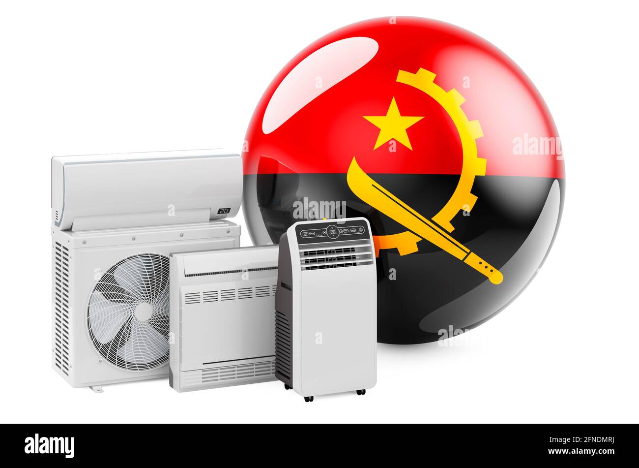 Bandiera angolana con dispositivi elettrici di raffreddamento e climatizzazione. Produzione, commercio e servizio di condizionatori d'aria in Angola, rendering 3D isolato su WI Foto Stock