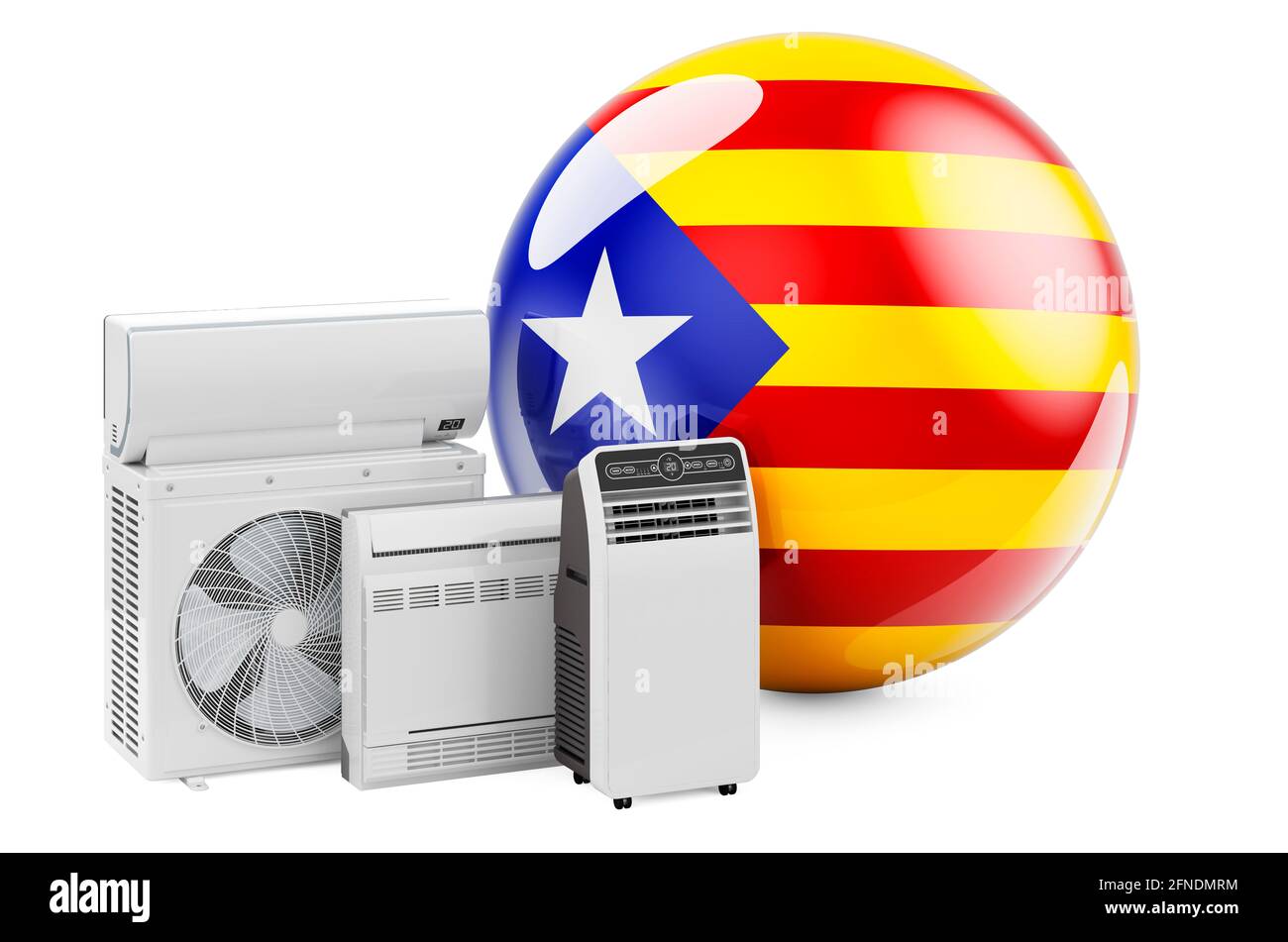 Bandiera catalana con dispositivi elettrici per il raffreddamento e il clima. Produzione, commercio e servizio di condizionatori d'aria in Catalogna, rendering 3D isolato su Foto Stock
