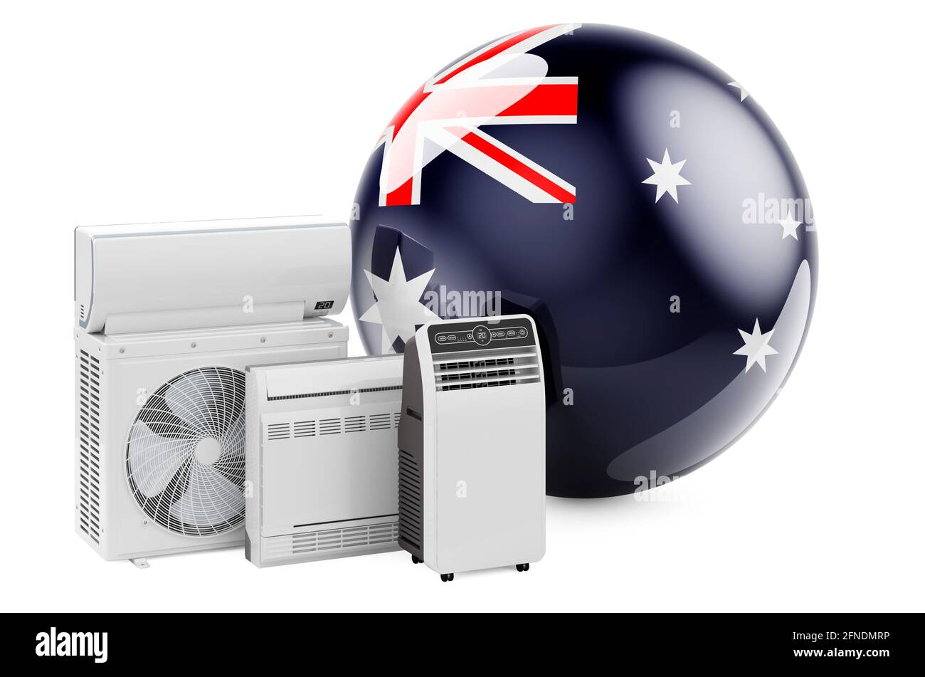 Bandiera australiana con dispositivi elettrici per il raffreddamento e il clima. Produzione, commercio e servizio di condizionatori d'aria in Australia, rendering 3D isolato Foto Stock