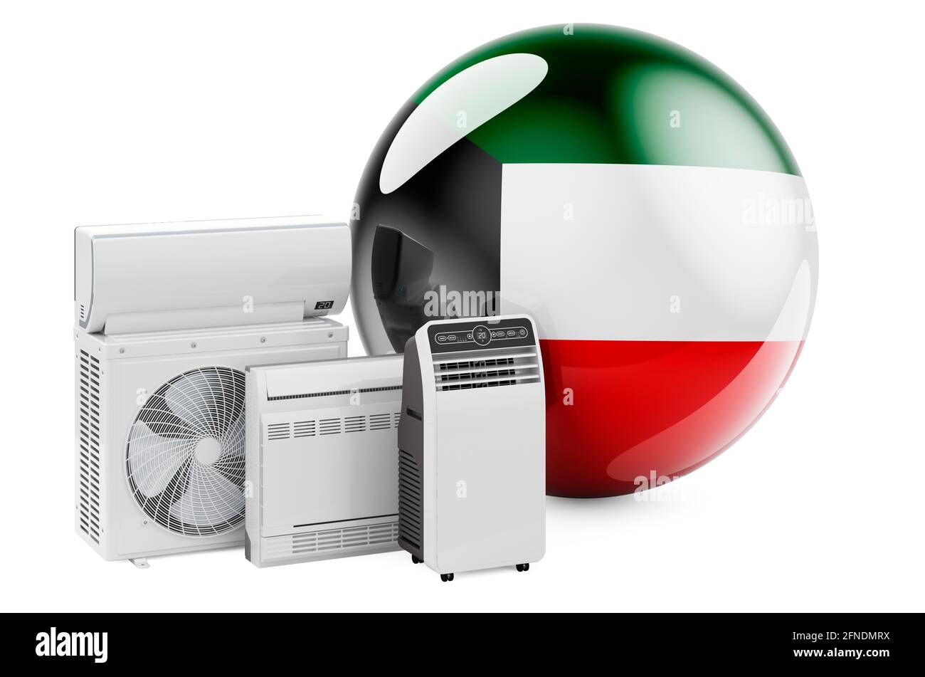 Bandiera Kuwaiti con dispositivi elettrici per il raffreddamento e il clima. Produzione, commercio e servizio di condizionatori d'aria in Kuwait, rendering 3D isolato su WI Foto Stock