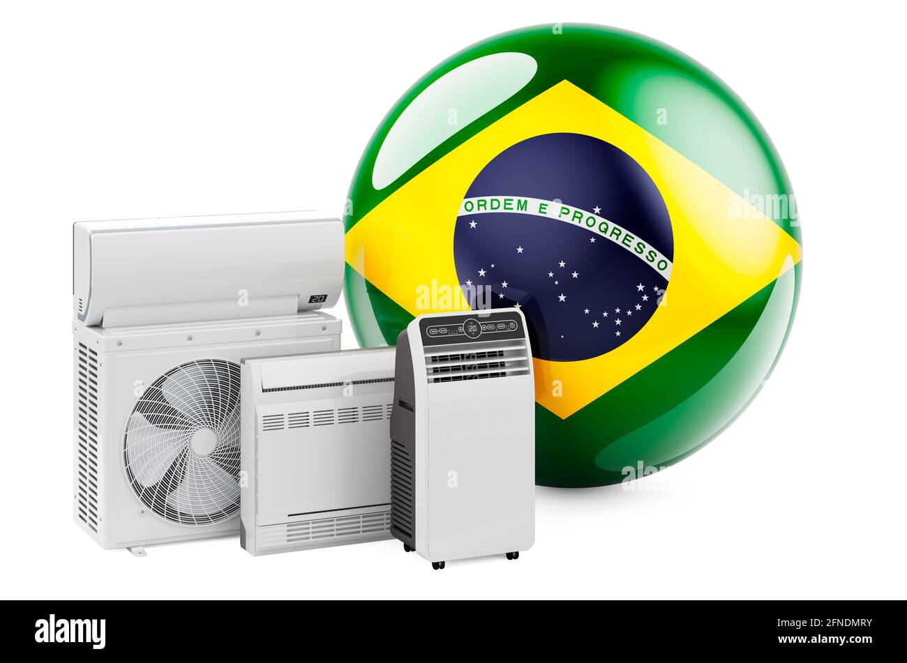 Bandiera brasiliana con dispositivi elettrici per il raffreddamento e il clima. Produzione, commercio e servizio di condizionatori d'aria in Brasile, rendering 3D isolato su w Foto Stock