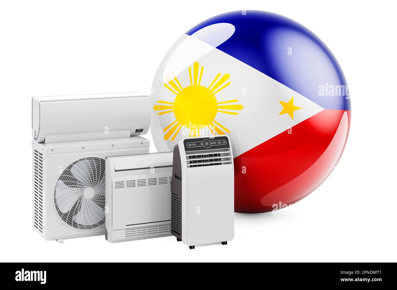 Bandiera filippina con dispositivi elettrici di raffreddamento e climatizzazione. Produzione, commercio e servizio di condizionatori d'aria nelle Filippine, rendering 3D isolato Foto Stock