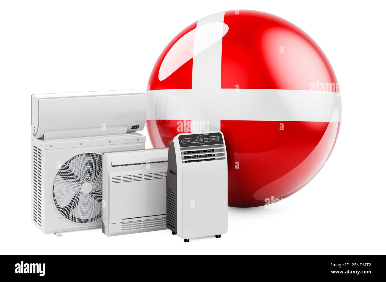 Bandiera danese con dispositivi elettrici per il raffreddamento e il clima. Produzione, commercio e servizio di condizionatori d'aria in Danimarca, rendering 3D isolato su WI Foto Stock