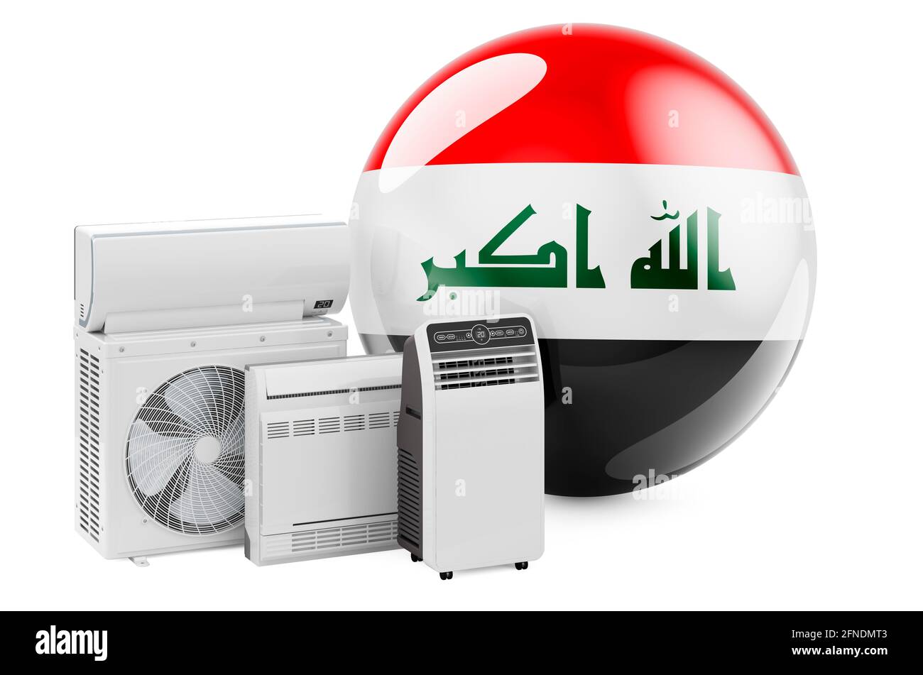 Bandiera irachena con dispositivi elettrici per il raffreddamento e il clima. Produzione, commercio e servizio di condizionatori d'aria in Iraq, rendering 3D isolato su bianco b Foto Stock