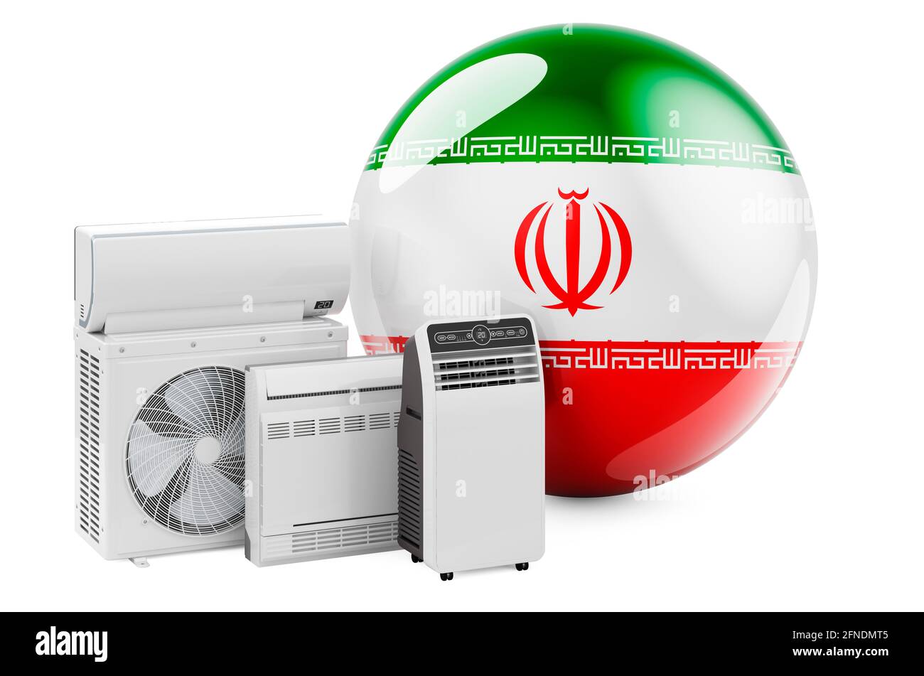 Bandiera iraniana con dispositivi elettrici per il raffreddamento e il clima. Produzione, commercio e servizio di condizionatori d'aria in Iran, rendering 3D isolato su bianco Foto Stock