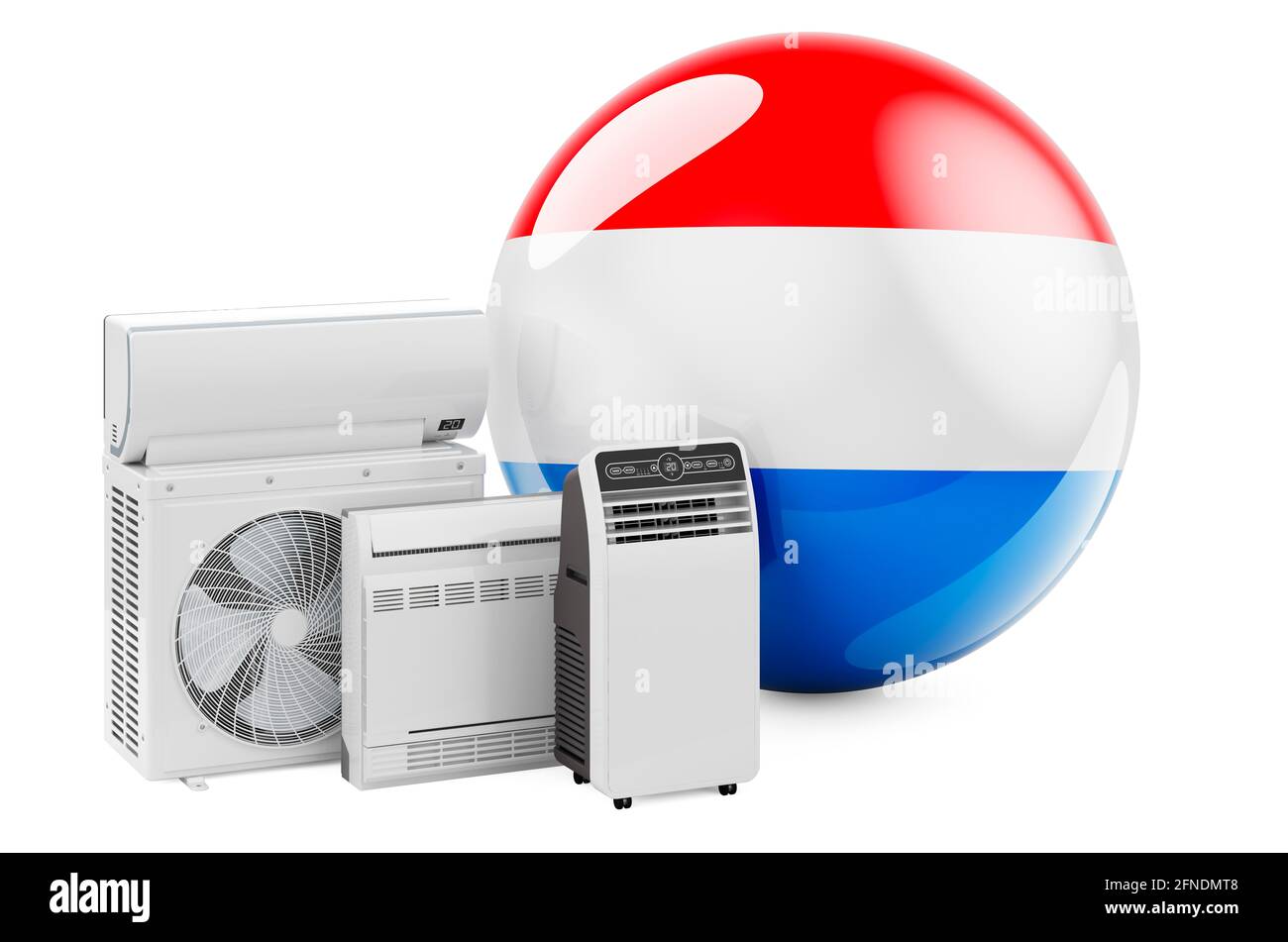 Bandiera lussemburghese con dispositivi elettrici per il raffreddamento e il clima. Produzione, commercio e servizio di condizionatori d'aria in Lussemburgo, isola di rendering 3D Foto Stock