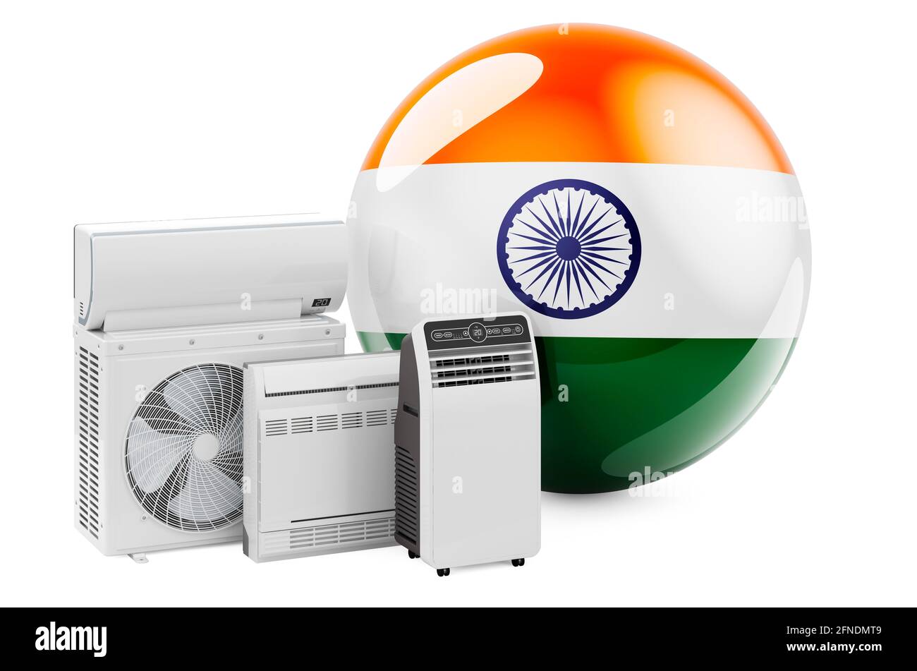 Bandiera indiana con dispositivi elettrici per il raffreddamento e il clima. Produzione, commercio e servizio di condizionatori d'aria in India, rendering 3D isolato su bianco Foto Stock