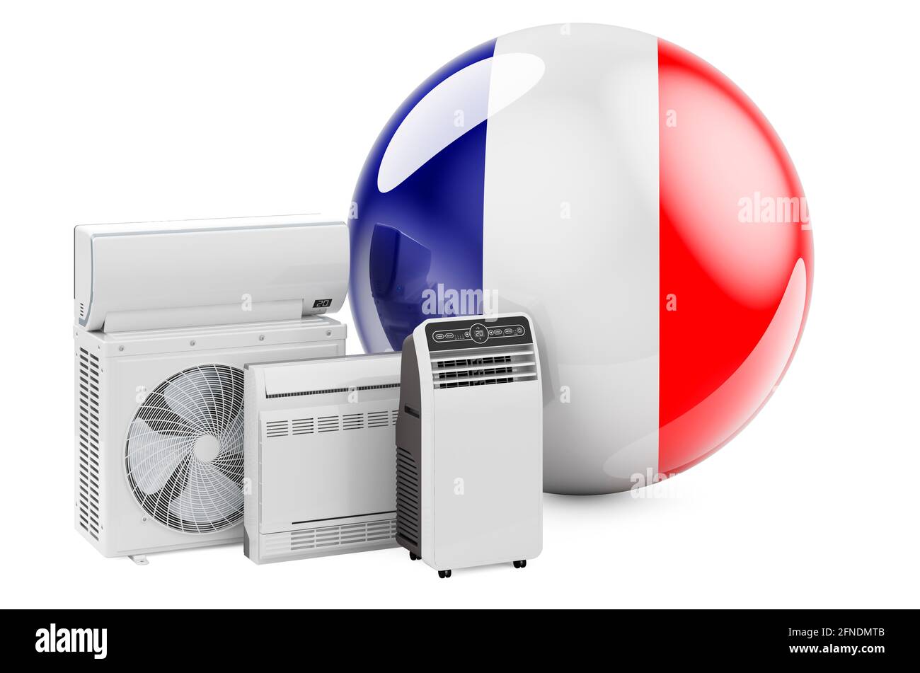 Bandiera francese con dispositivi elettrici per il raffreddamento e il clima. Produzione, commercio e servizio di condizionatori d'aria in Francia, rendering 3D isolato su whit Foto Stock