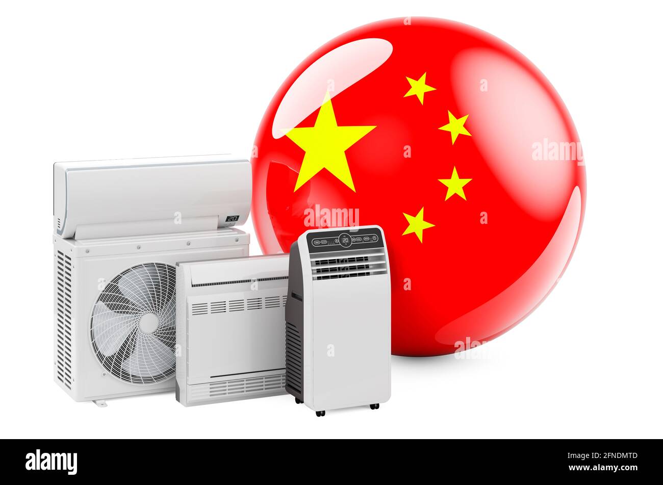 Bandiera cinese con dispositivi elettrici per il raffreddamento e il clima. Produzione, commercio e servizio di condizionatori d'aria in Cina, rendering 3D isolato su whit Foto Stock