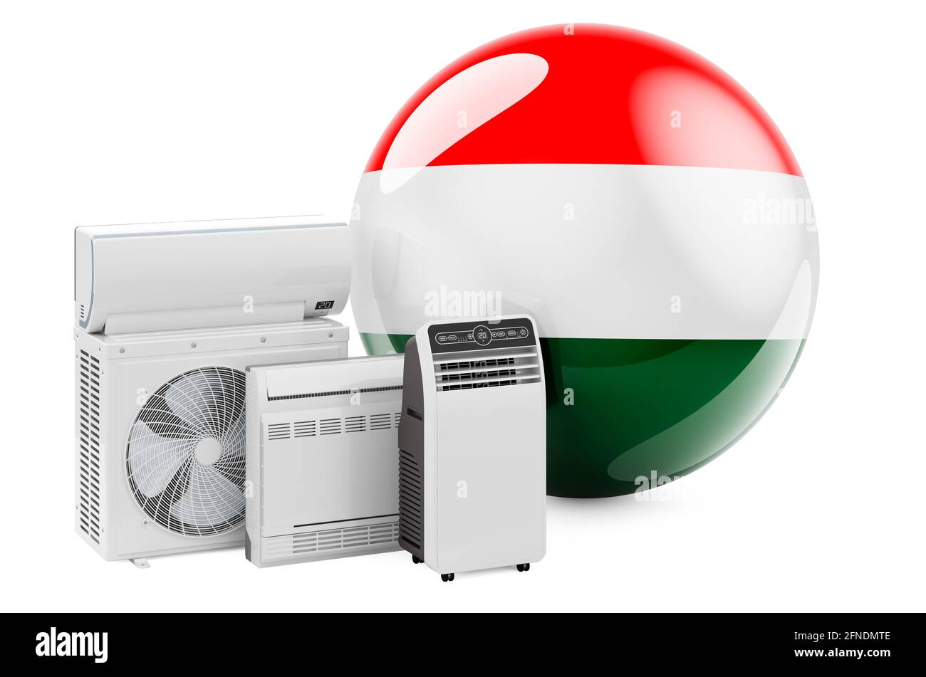 Bandiera ungherese con dispositivi elettrici per il raffreddamento e il clima. Produzione, commercio e servizio di condizionatori d'aria in Ungheria, rendering 3D isolato su Foto Stock