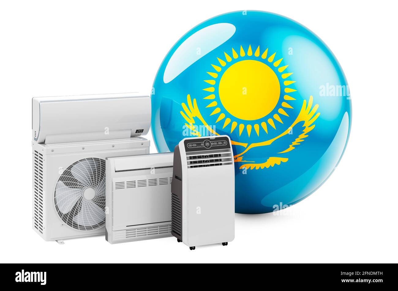 Bandiera kazaka con dispositivi elettrici di raffreddamento e climatizzazione. Produzione, commercio e servizio di condizionatori d'aria in Kazakistan, rendering 3D isolato su Foto Stock