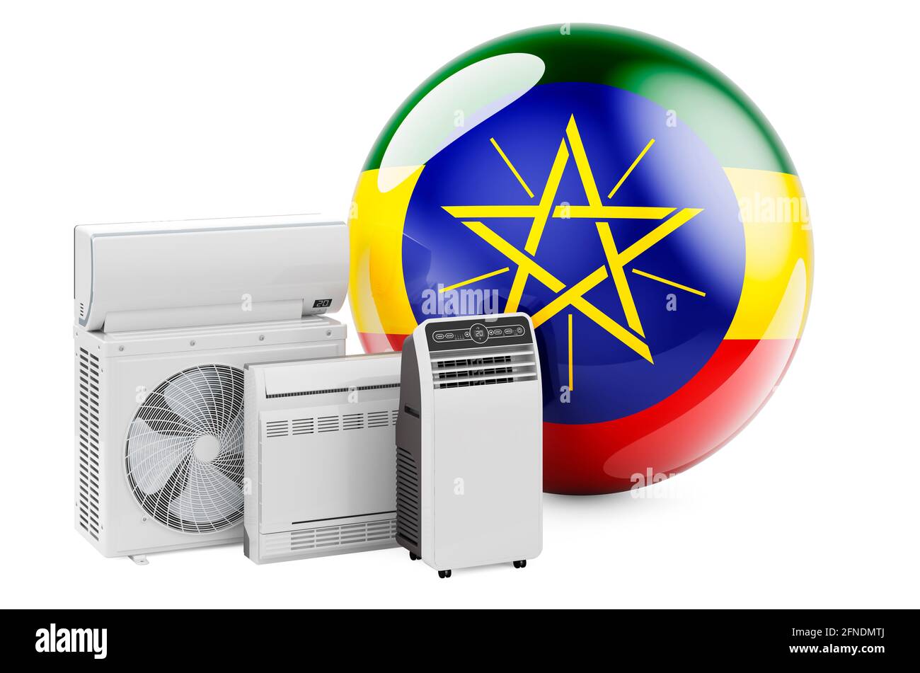 Bandiera etiope con dispositivi elettrici per il raffreddamento e il clima. Produzione, commercio e servizio di condizionatori d'aria in Etiopia, 3D rendering isolato su Foto Stock