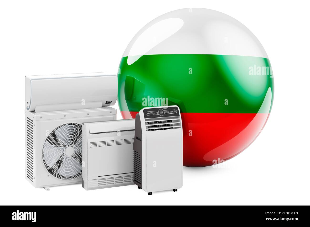 Bandiera bulgara con dispositivi elettrici per il raffreddamento e il clima. Produzione, commercio e servizio di condizionatori d'aria in Bulgaria, rendering 3D isolato su Foto Stock