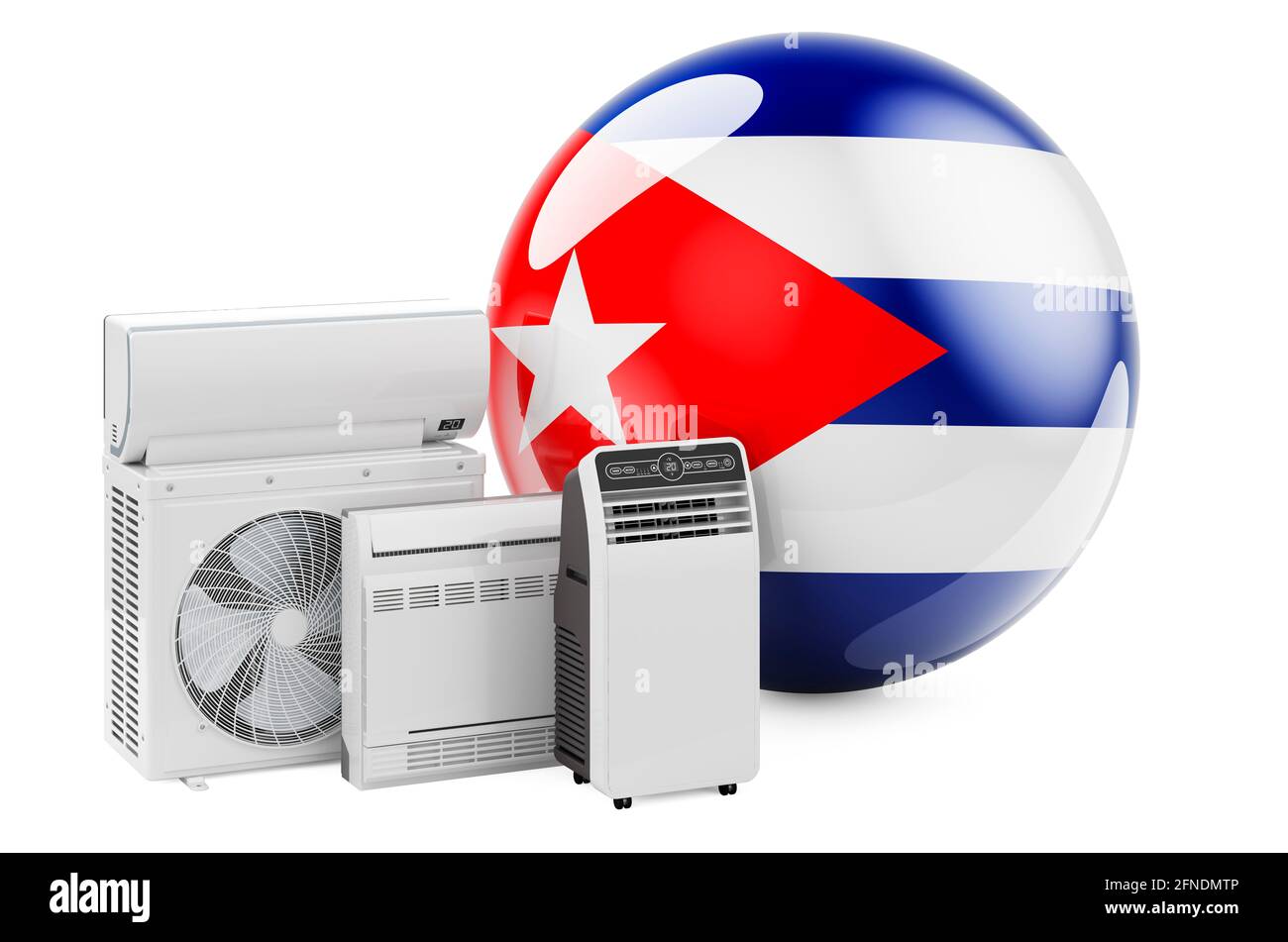 Bandiera cubana con dispositivi elettrici per il raffreddamento e il clima. Produzione, commercio e servizio di condizionatori d'aria a Cuba, rendering 3D isolato su bianco b Foto Stock