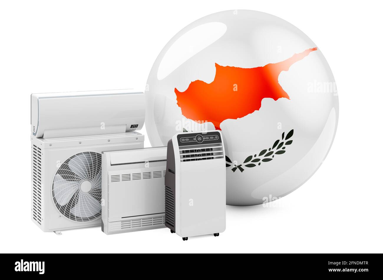 Bandiera cipriota con dispositivi elettrici di raffreddamento e climatizzazione. Produzione, commercio e servizio di condizionatori d'aria a Cipro, rendering 3D isolato su WI Foto Stock